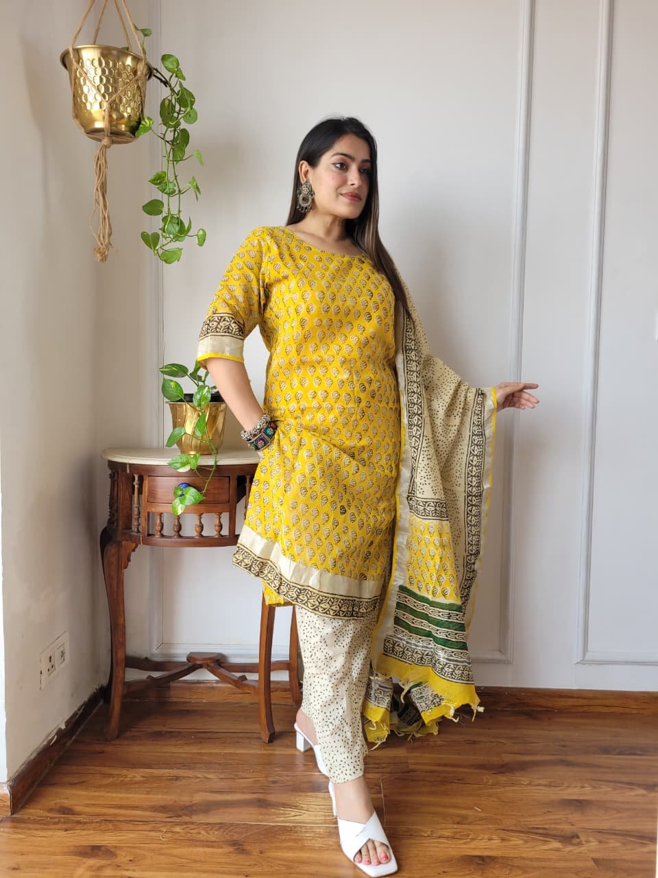 Yellow Bagru Hand Block Printed Linen Suit Set